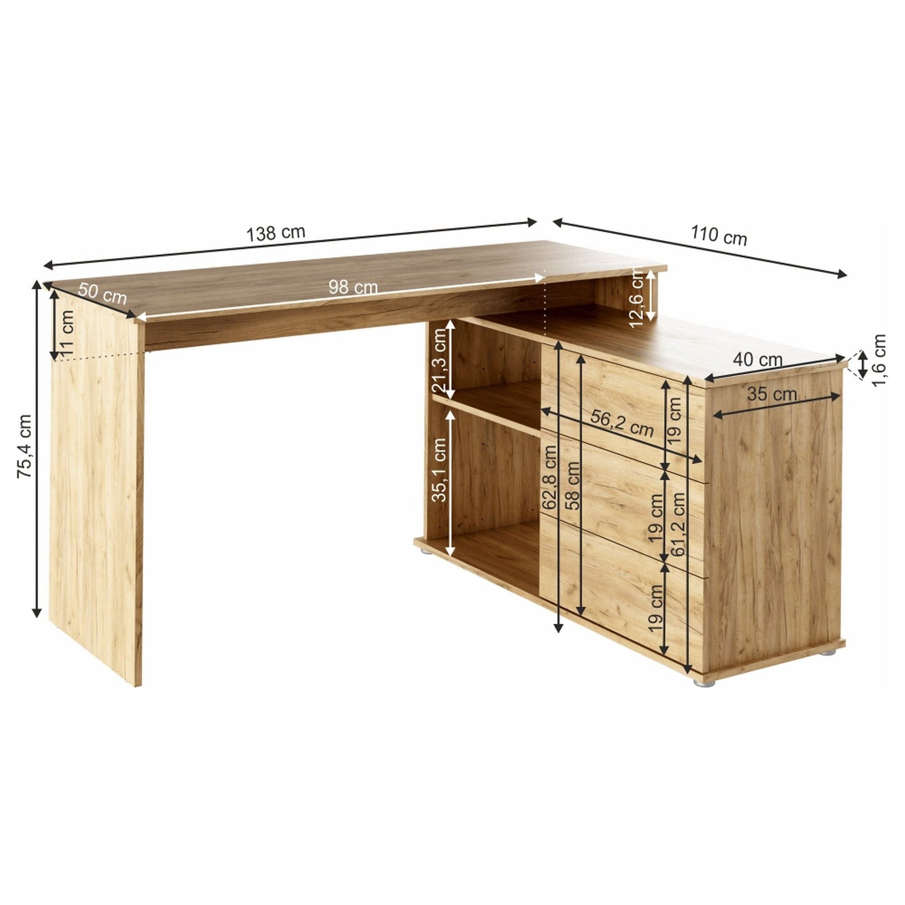 Birou pe colt TERINO, PAL laminat, stejar artisan, 138x50/110x75,4 cm