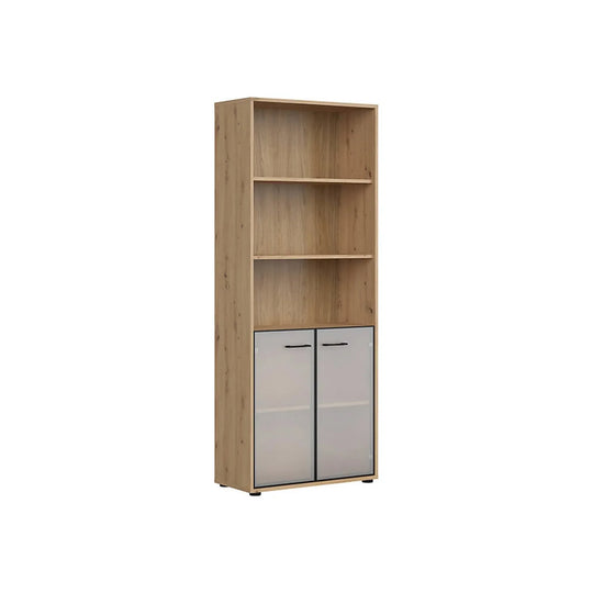 Vitrina SPACE OFFICE, stejar artisan/negru fumuriu, PAL laminat/sticla, cu 2 usi si 3 rafturi, 80x38x203 cm