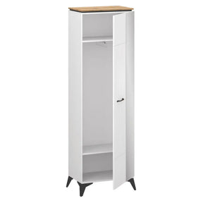 Dulap ingust alb VELUTTO, PAL laminat/MDF/metal, alb/stejar evok, 63×39.4×205 cm