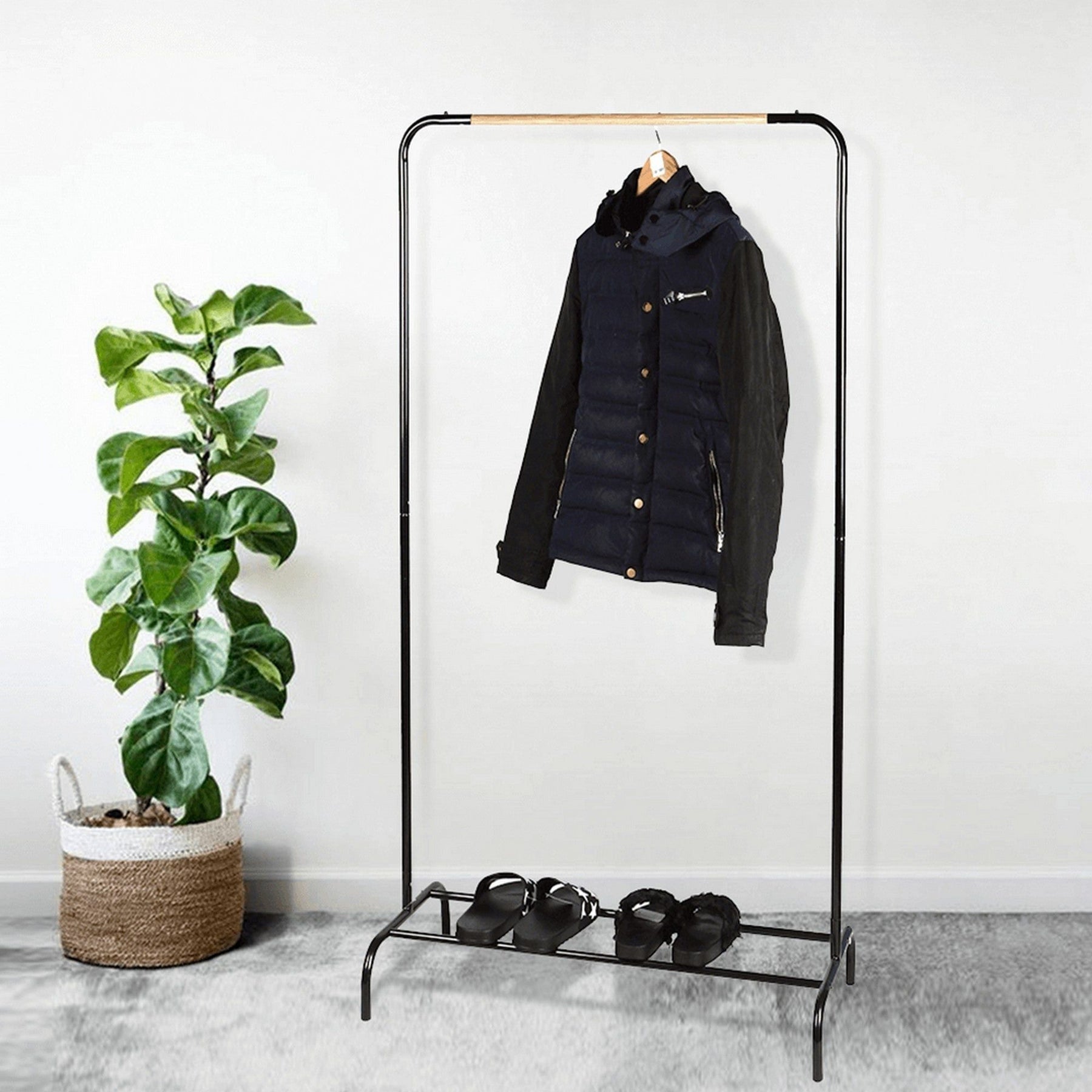 Stander haine RAPSO, metal/lemn, negru, 80x40x149 cm