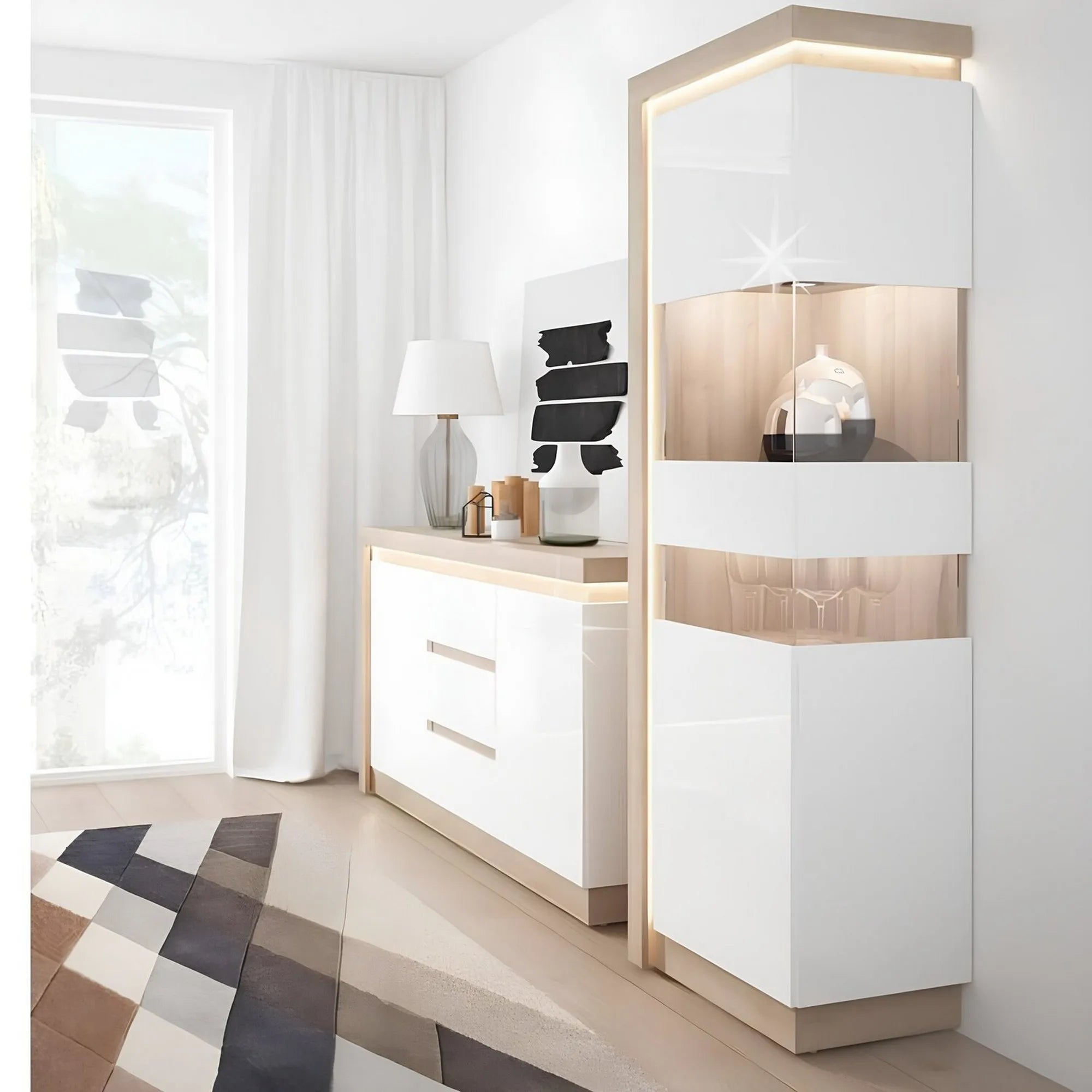 Vitrina ATHENA OCN-27993, stejar rivierra/alb lucios