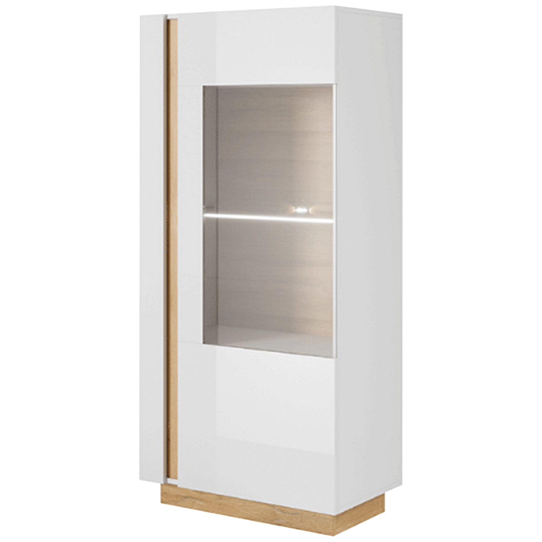 Vitrina living CITY, PAL melaminat/sticla, alb/stejar grandson/alb lucios, 72x154x40 cm, cu iluminare LED, 1 usa
