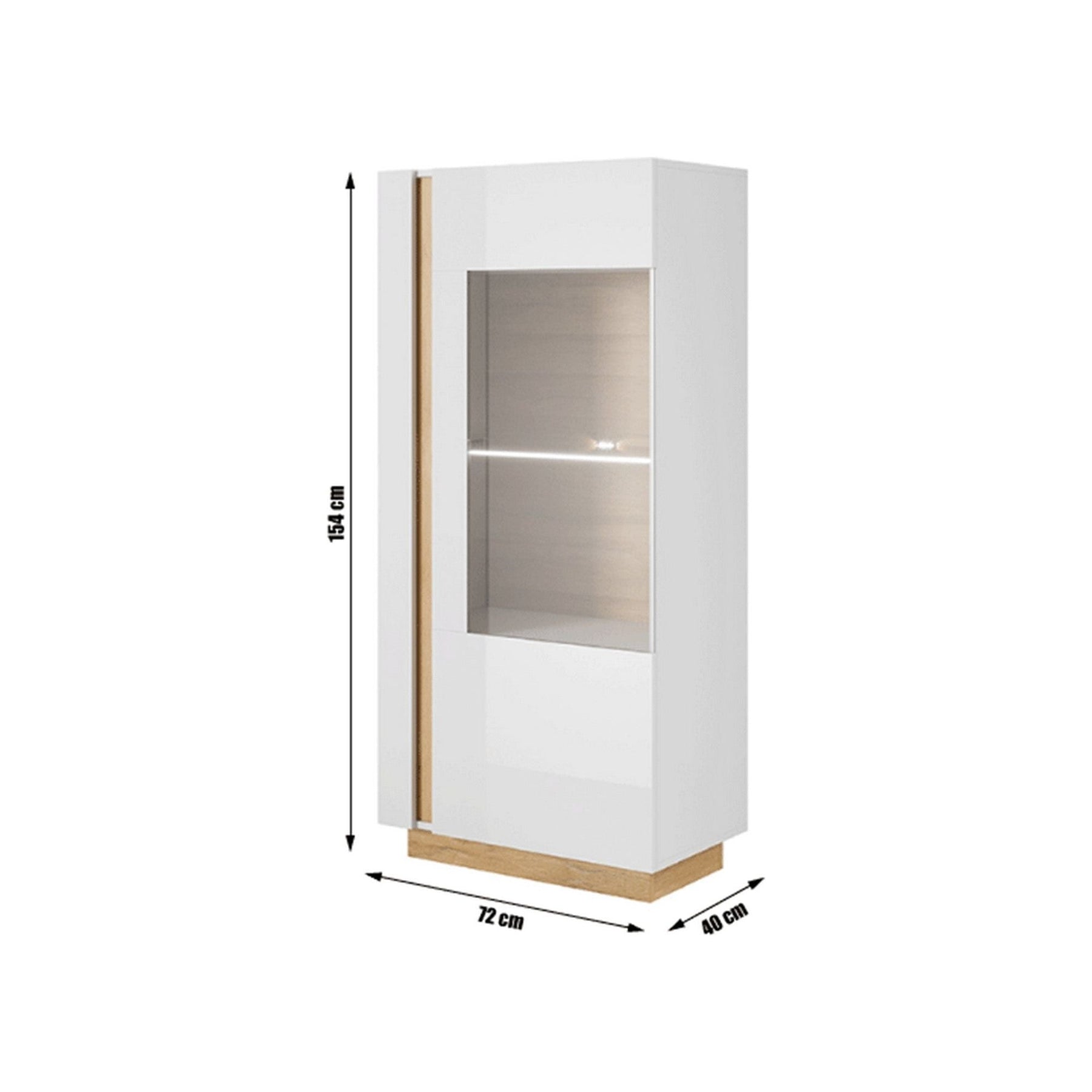 Vitrina living CITY, PAL melaminat/sticla, alb/stejar grandson/alb lucios, 72x154x40 cm, cu iluminare LED, 1 usa