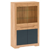 Vitrina living FIDEL C, PAL laminat/sticla, stejar craft auriu / grafit gri, 95x42x159,5 cm, cu iluminare LED. 4 usi