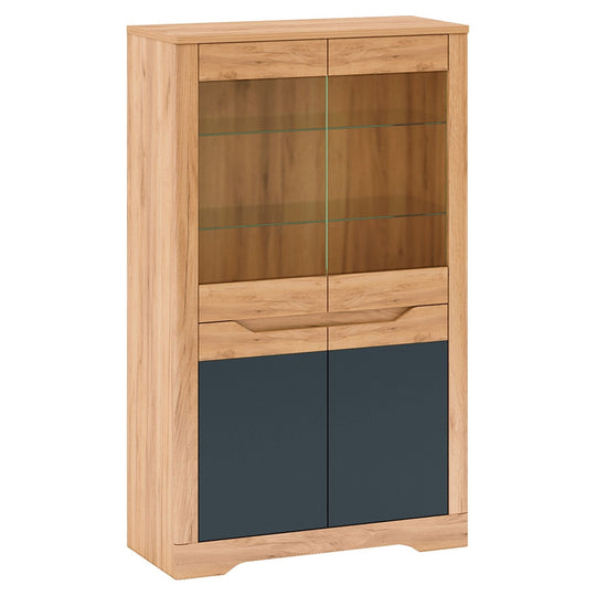 Vitrina living FIDEL C, PAL laminat/sticla, stejar craft auriu / grafit gri, 95x42x159,5 cm, cu iluminare LED. 4 usi