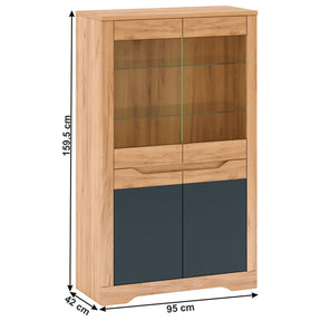 Vitrina living FIDEL C, PAL laminat/sticla, stejar craft auriu / grafit gri, 95x42x159,5 cm, cu iluminare LED. 4 usi