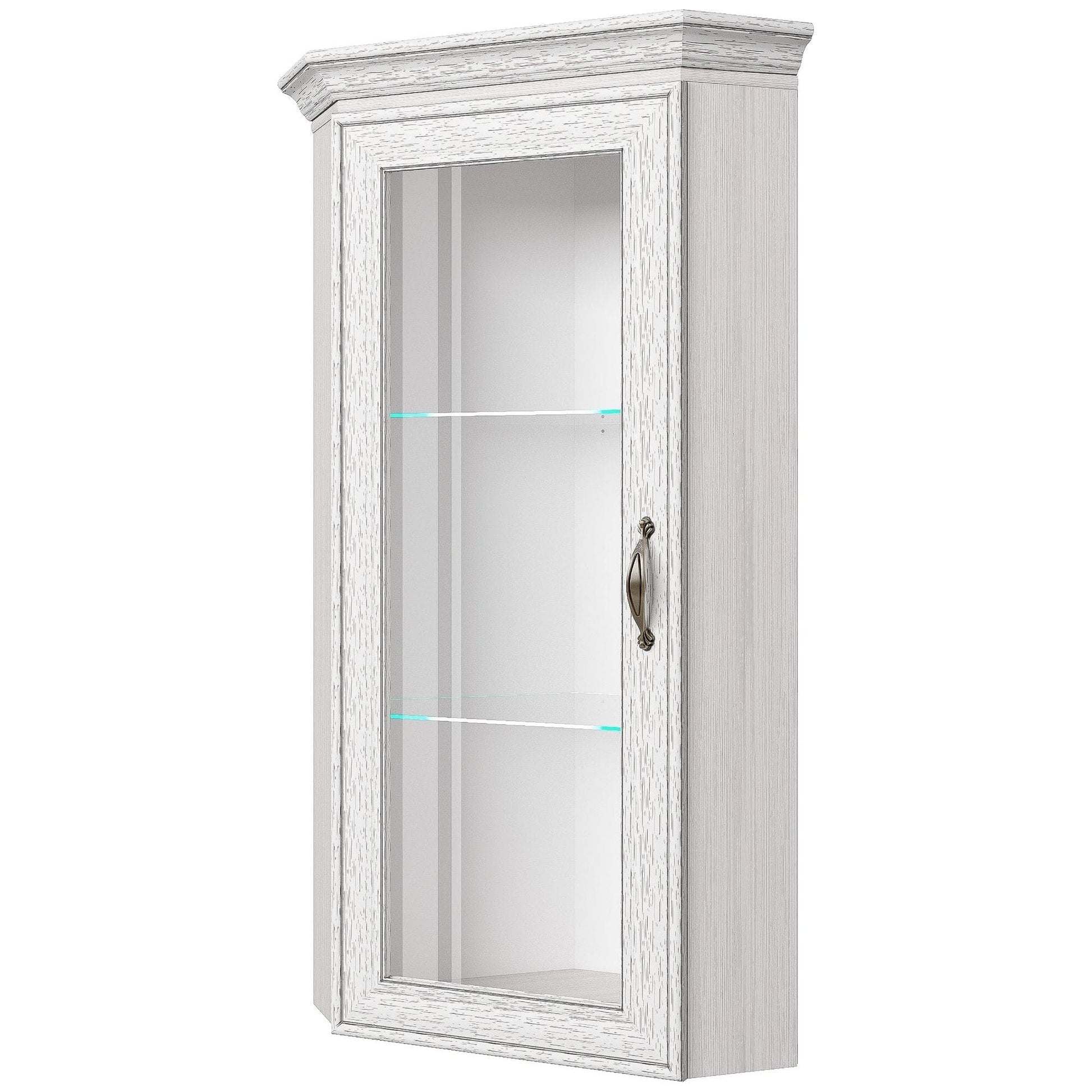 Vitrina de colt TIFFANY (Tiffy), alb vintage, PAL laminat, sticla, 52x52x122 cm