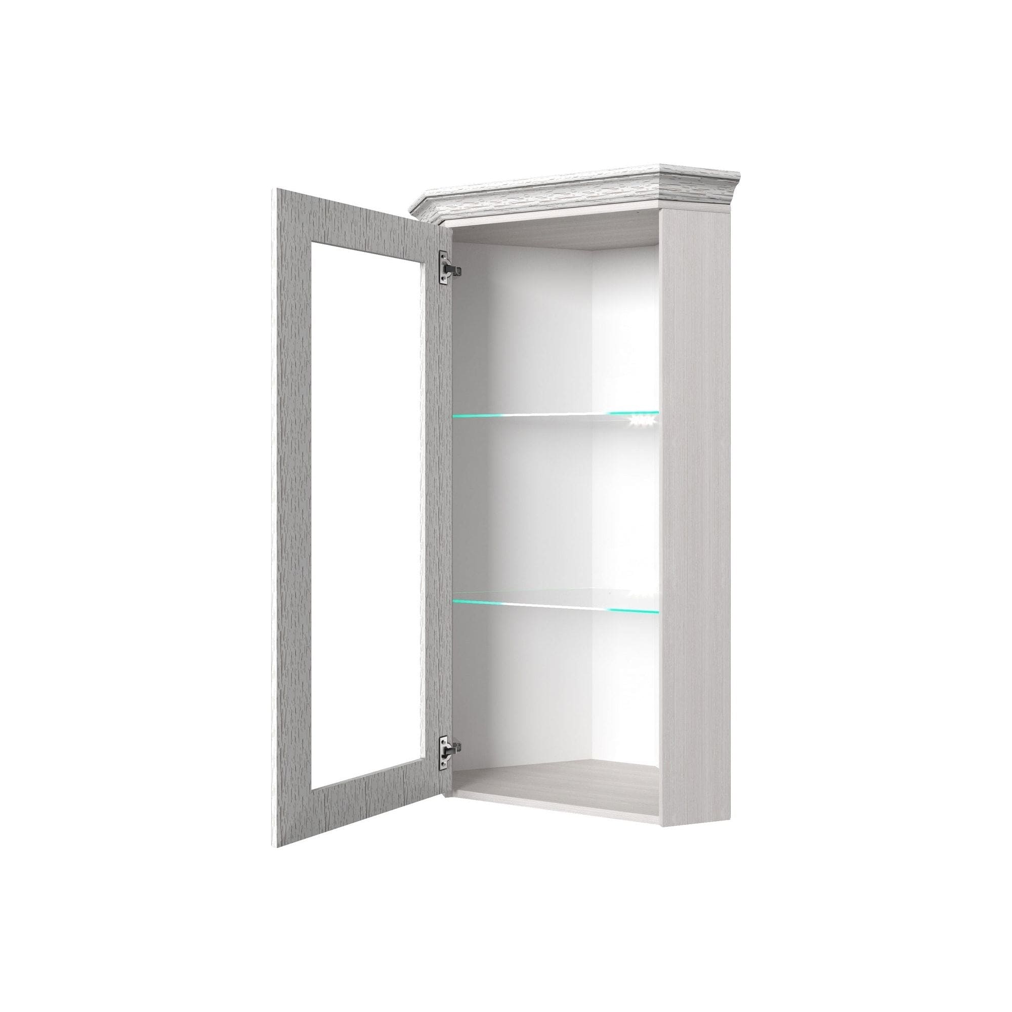 Vitrina de colt TIFFANY (Tiffy), alb vintage, PAL laminat, sticla, 52x52x122 cm