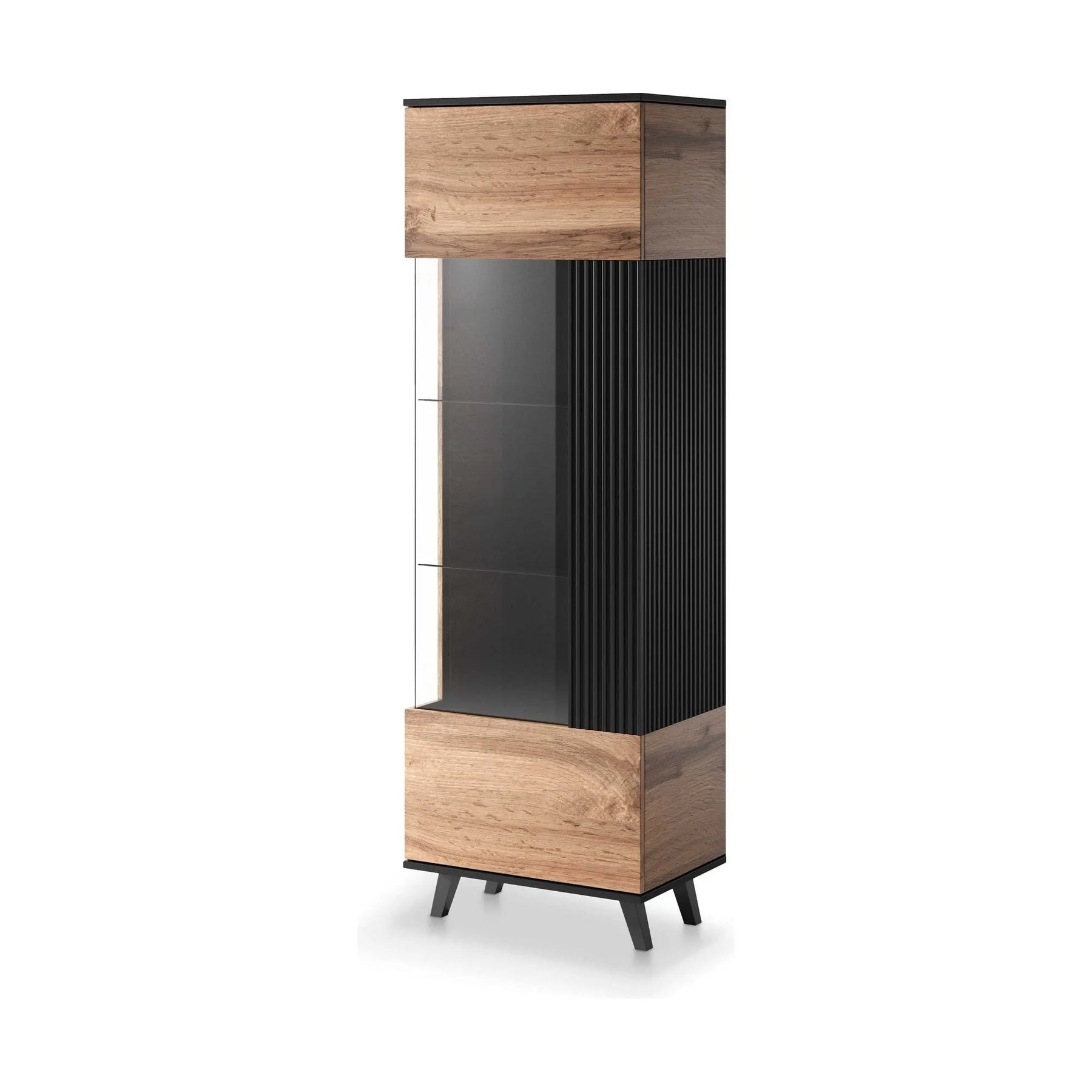 Vitrină modernă din stejar wotan și negru, ideală pentru living – primabucata