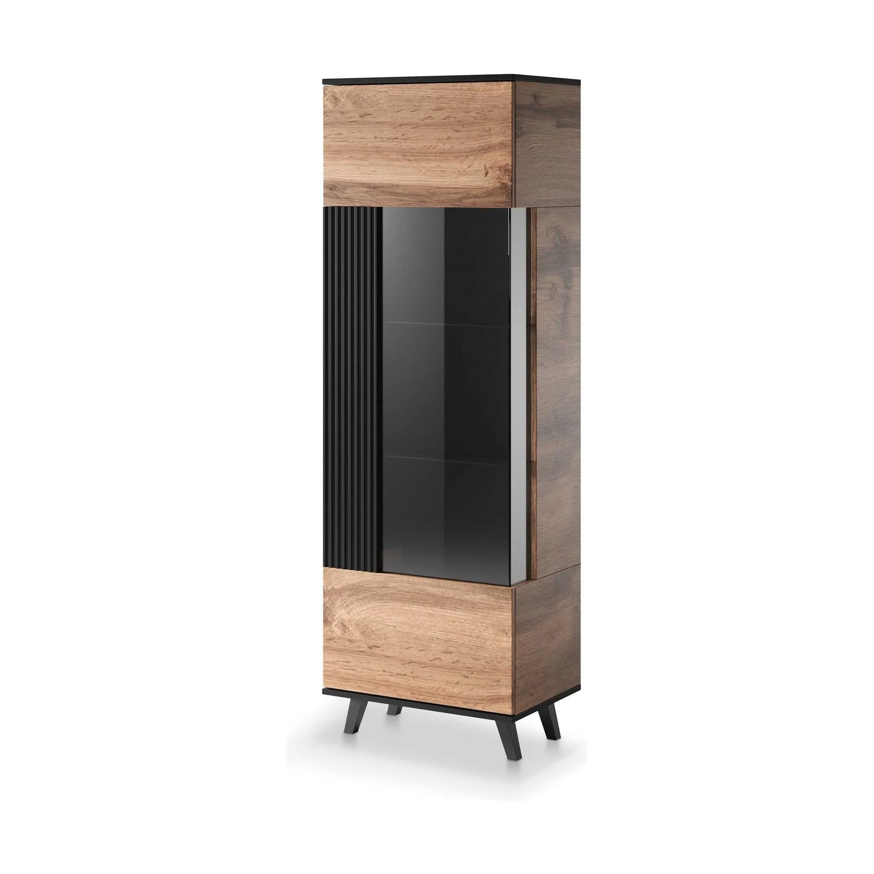 Vitrină modernă din stejar wotan și negru, ideală pentru living – primabucata