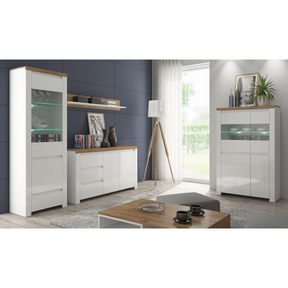 Vitrina VIGO 2D2W, alb/stejar wotan, PAL laminat, sticla, 98x42x157 cm