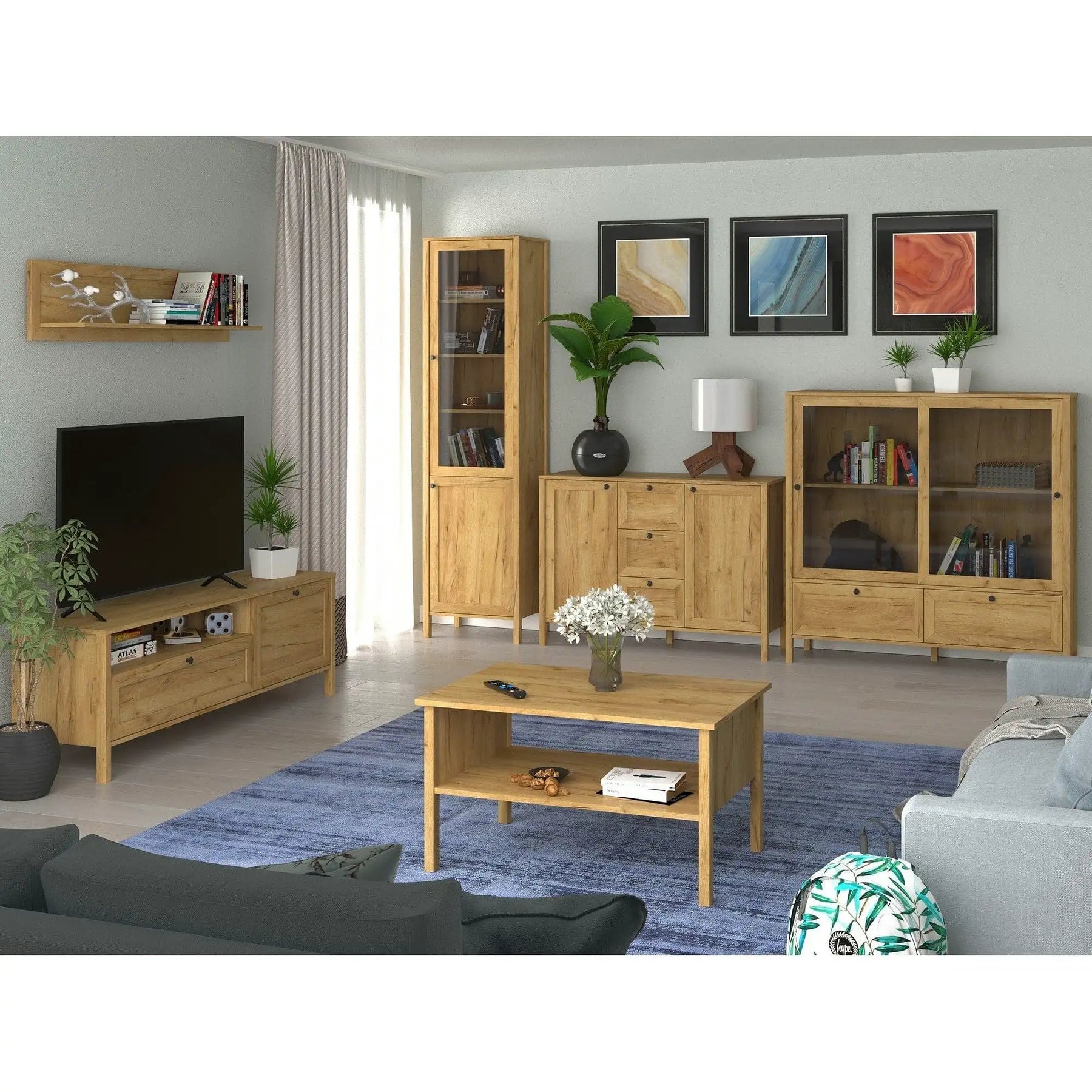 Vitrina KLARK, PAL laminat/MDF, stejar auriu, 55×42×210 cm