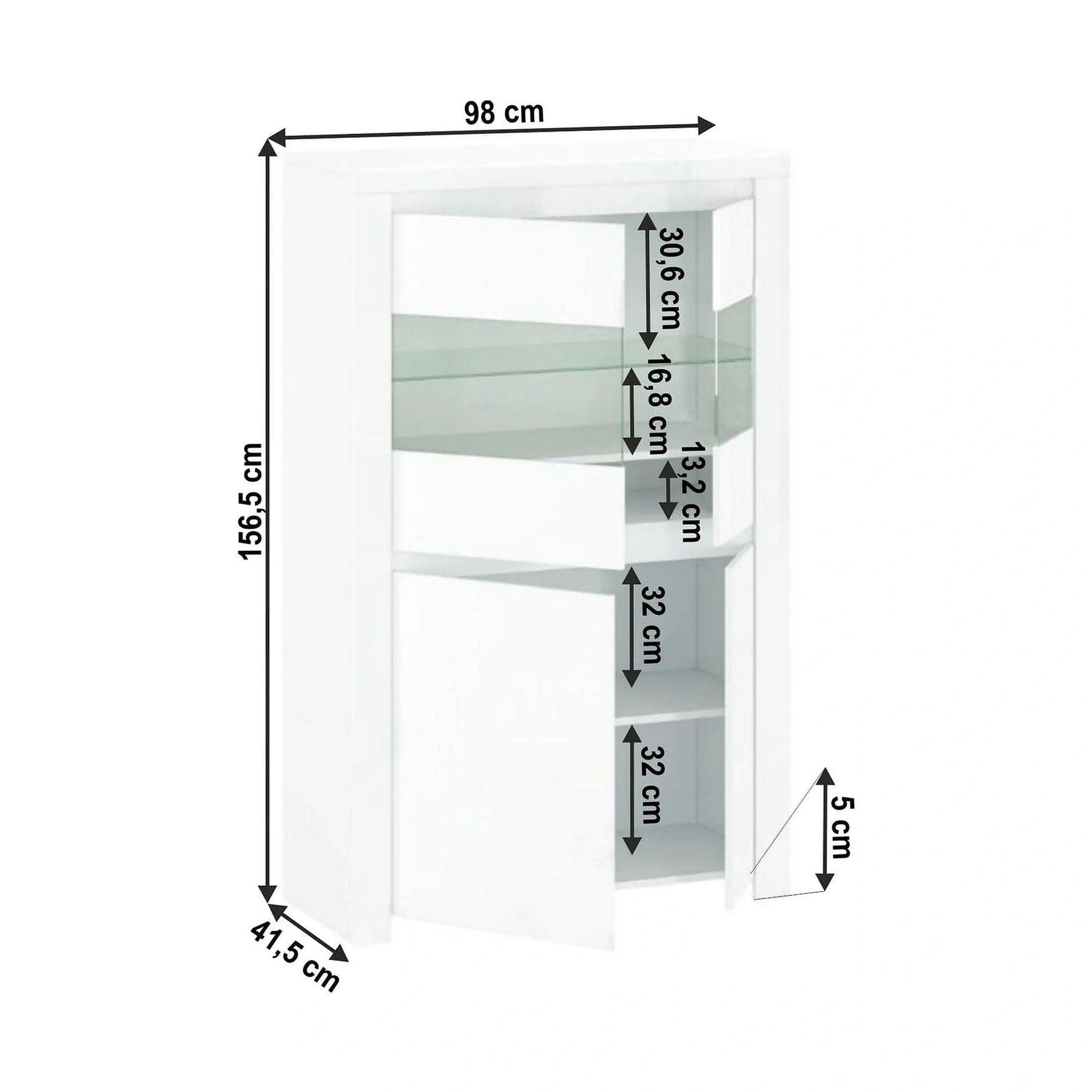 Vitrina LINGO, alb, PAL laminat, sticla, cu iluminare LED, 98x42x157 cm