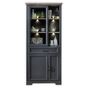 Vitrina JASMIN, gri grafit/stejar artisan, PAL/sticla, cu iluminare LED, 93x42x204 cm