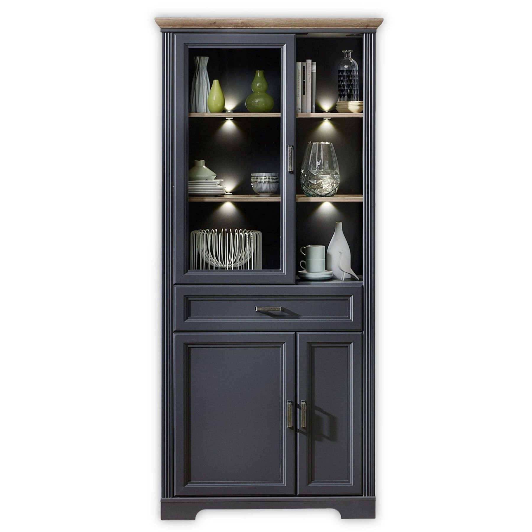 Vitrina JASMIN, gri grafit/stejar artisan, PAL/sticla, cu iluminare LED, 93x42x204 cm