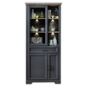 Vitrina JASMIN, gri grafit/stejar artisan, PAL/sticla, cu iluminare LED, 93x42x204 cm