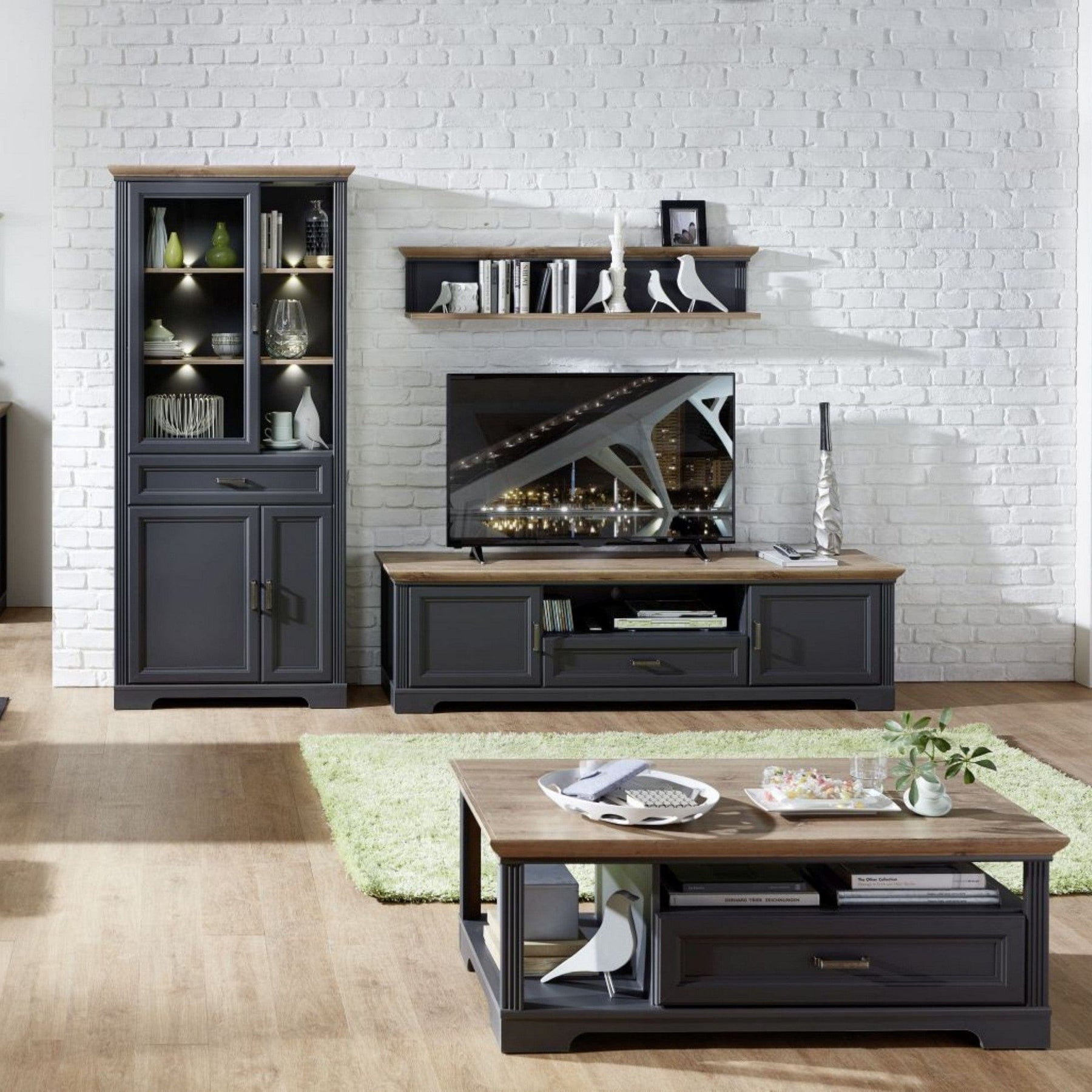 Vitrina JASMIN, gri grafit/stejar artisan, PAL/sticla, cu iluminare LED, 93x42x204 cm