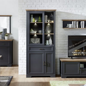 Vitrina JASMIN, gri grafit/stejar artisan, PAL/sticla, cu iluminare LED, 93x42x204 cm