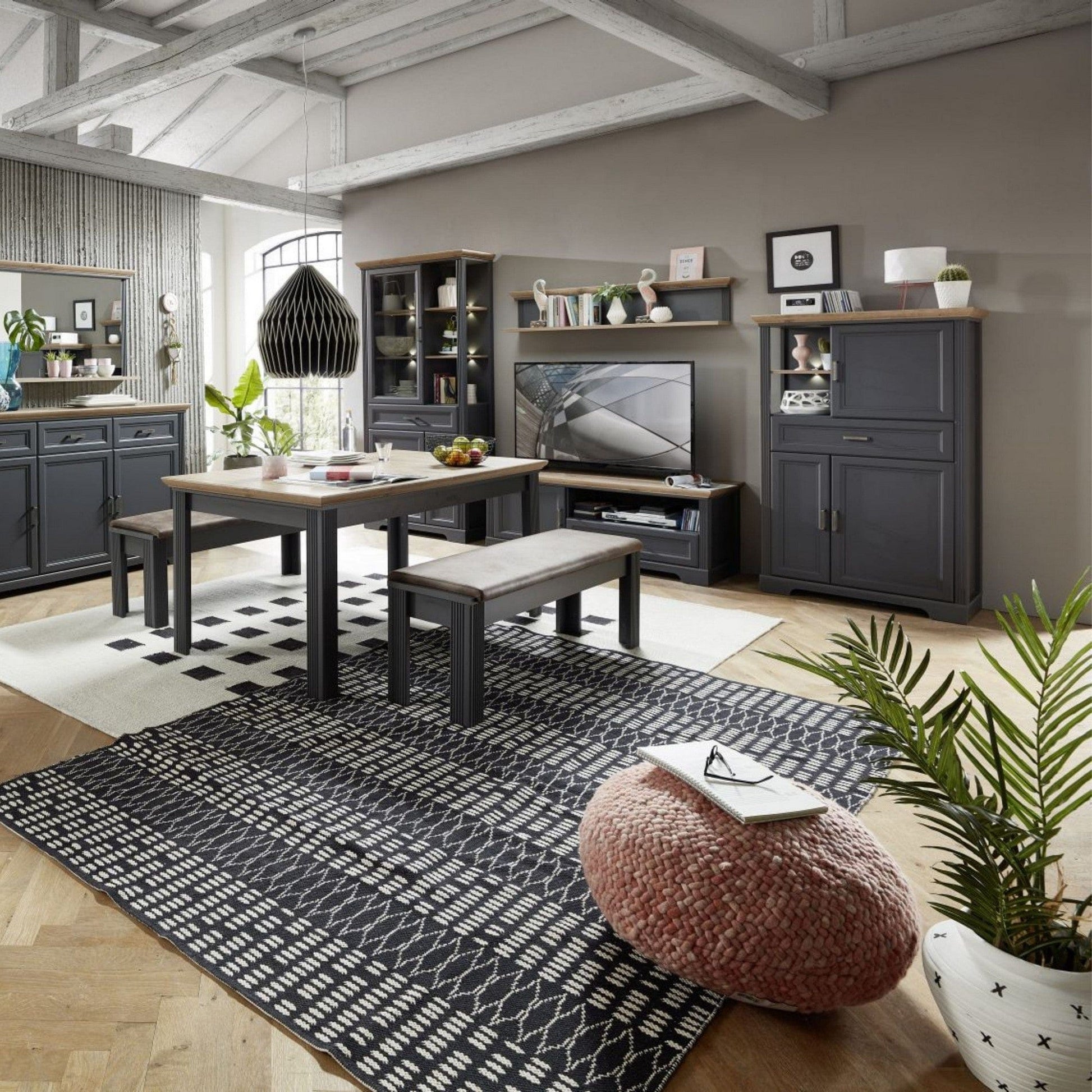 Vitrina JASMIN, gri grafit/stejar artisan, PAL/sticla, cu iluminare LED, 93x42x204 cm