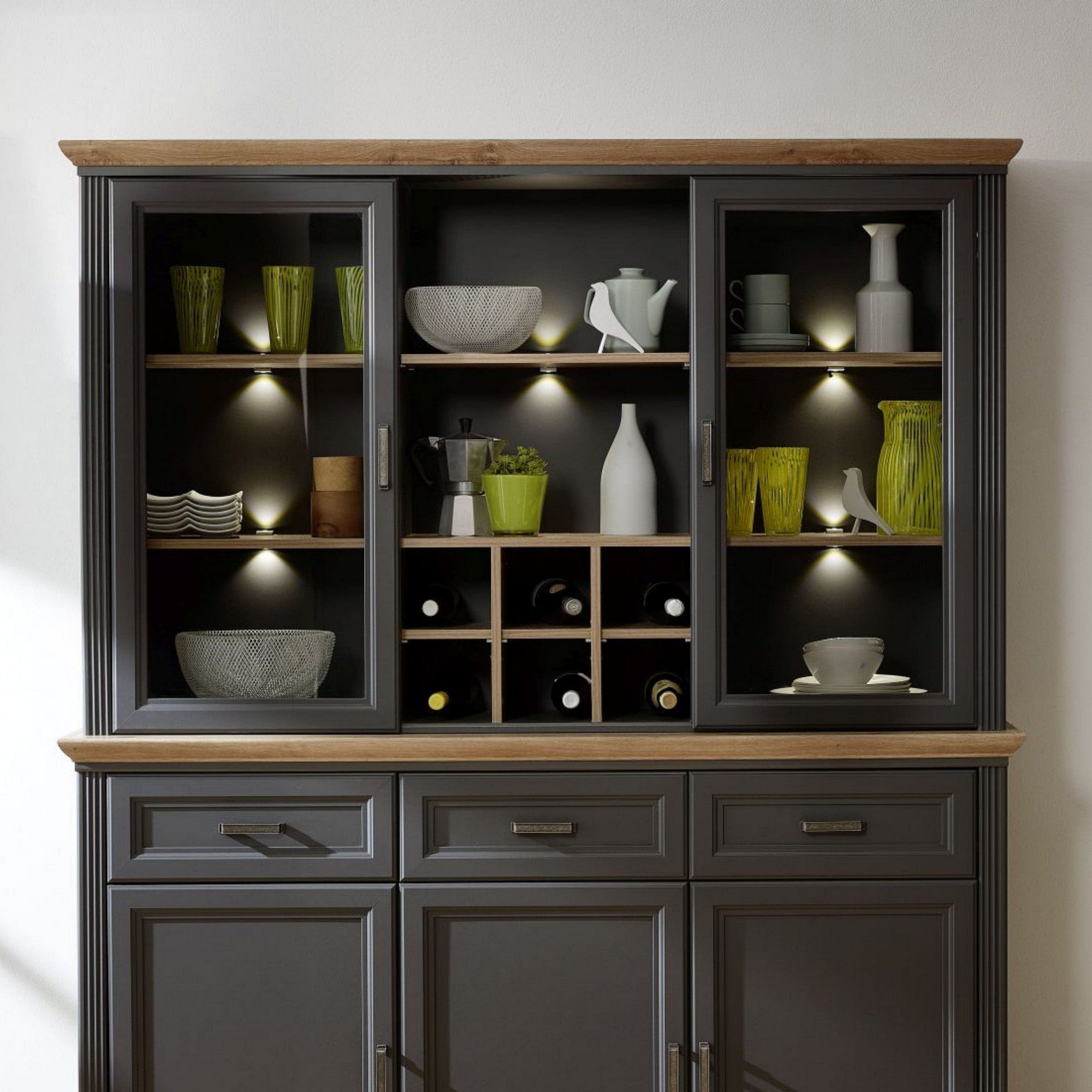 Vitrina JASMIN, gri grafit/stejar artisan, PAL/sticla, cu iluminare LED, 166x42x103 cm