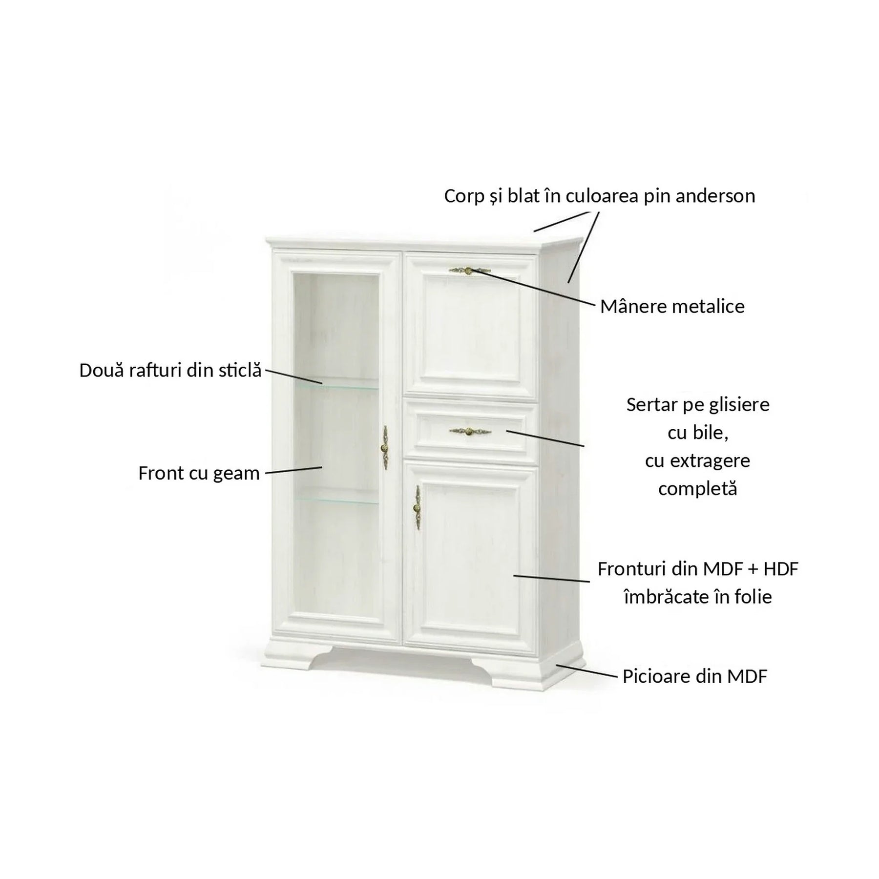 Vitrina living clasica IRYS, PAL laminat/MDF/HDF, pin alb anderson, 93.4×39×133 cm
