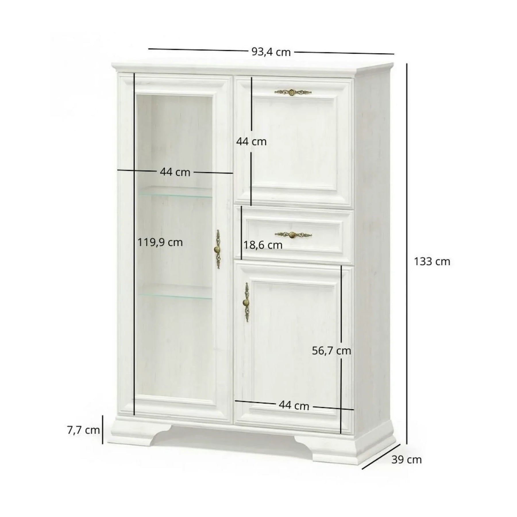 Vitrina living clasica IRYS, PAL laminat/MDF/HDF, pin alb anderson, 93.4×39×133 cm