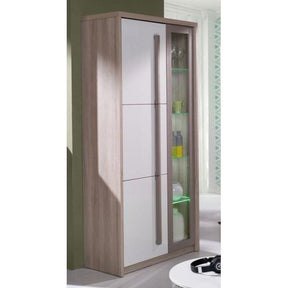 Vitrina ROMA 2, stejar Ferrara/alb lucios/gri mat, PAL/sticla, 90x43x194 cm