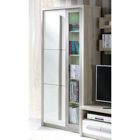 Vitrina ROMA 2, stejar Ferrara/alb lucios/gri mat, PAL/sticla, 90x43x194 cm