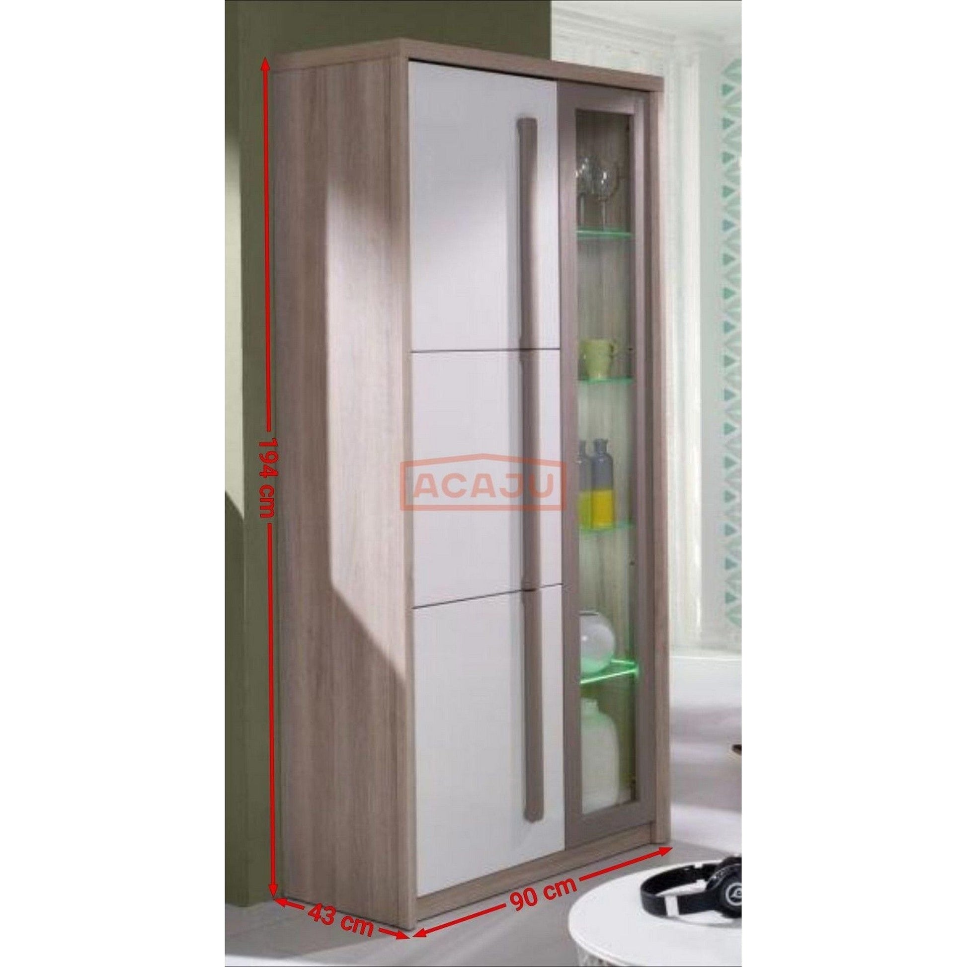 Vitrina ROMA 2, stejar Ferrara/alb lucios/gri mat, PAL/sticla, 90x43x194 cm