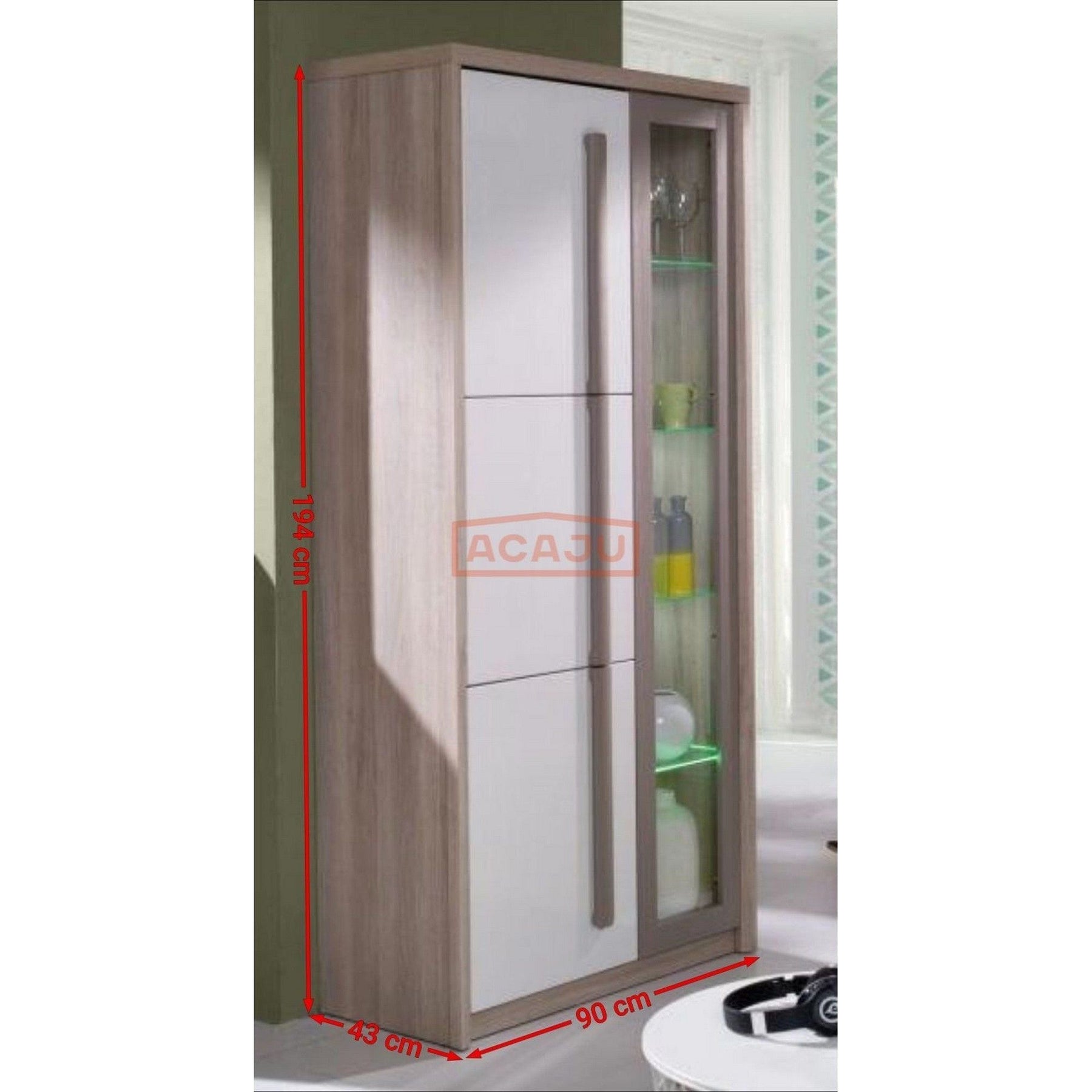 Vitrina ROMA 2, stejar Ferrara/alb lucios/gri mat, PAL/sticla, 90x43x194 cm