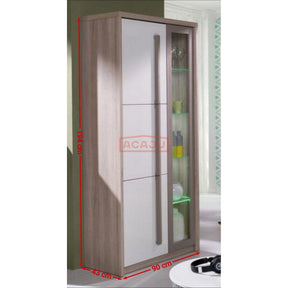 Vitrina ROMA 2, stejar Ferrara/alb lucios/gri mat, PAL/sticla, 90x43x194 cm