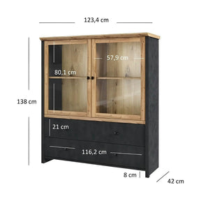 Vitrina NICOLE, PAL laminat/sticlă, stejar wotan/gri antracit, 123×42×138 cm