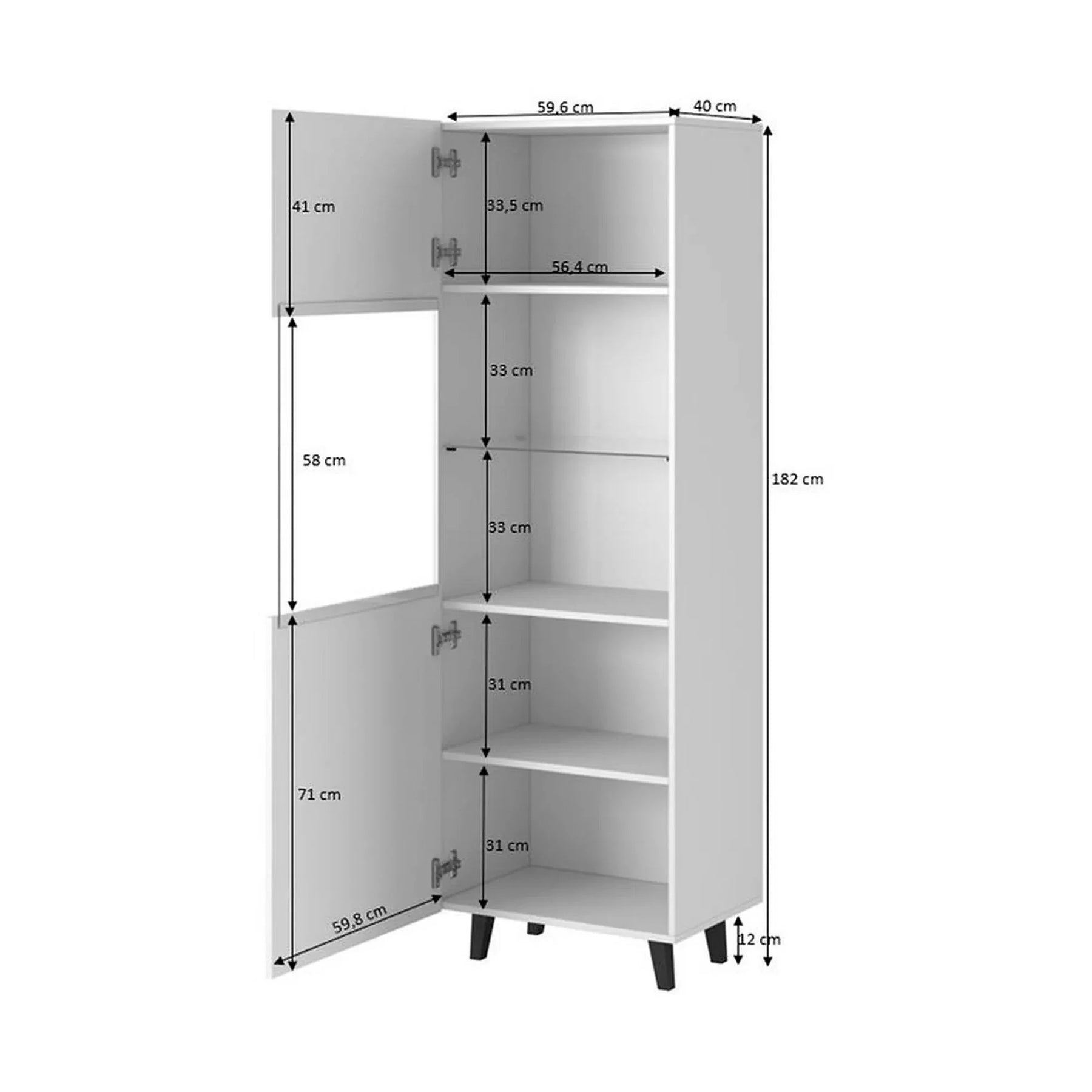 Vitrina PAFOS, PAL laminat/MDF laminat/sticlă, alb, 60×40×182 cm