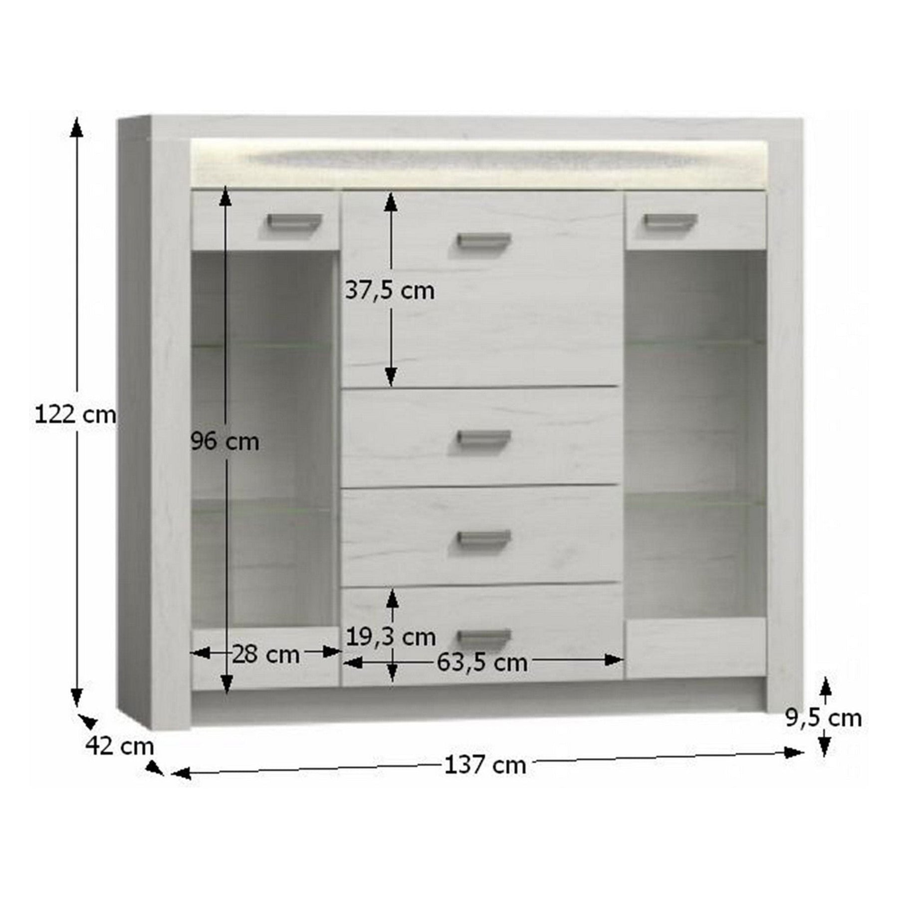 Comoda INFINITY I-08, PAL melaminat, frasin alb, 137x42x122 cm