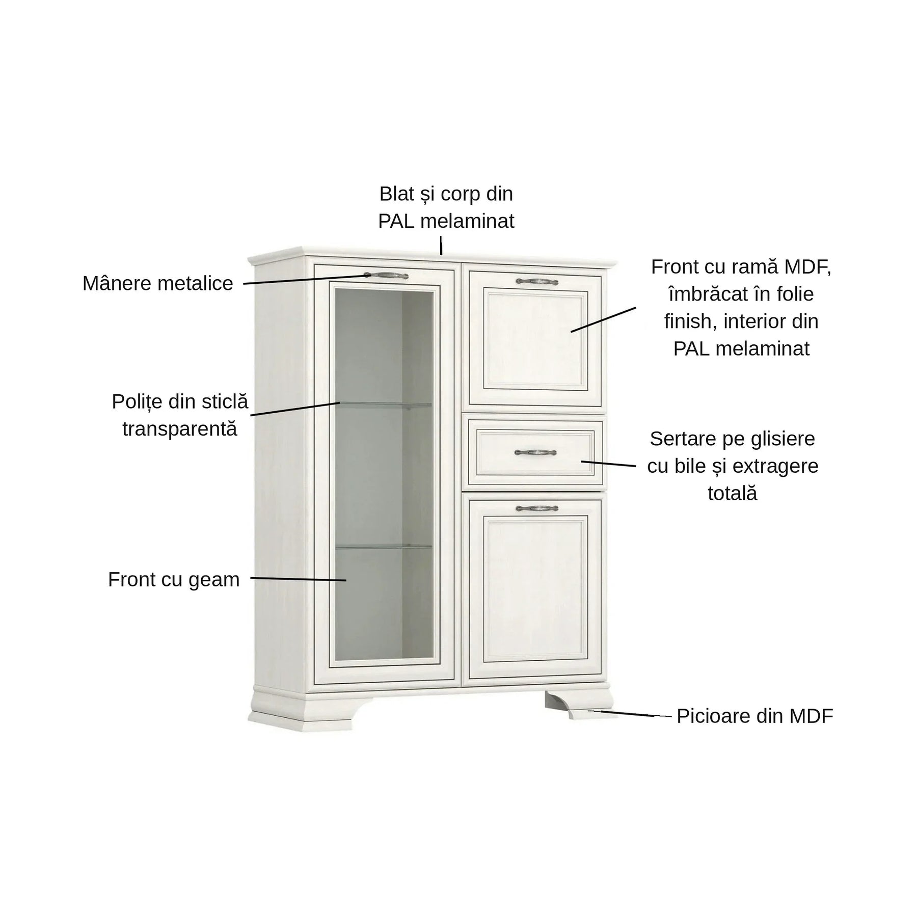 Vitrina TIFFANY II, PAL laminat/MDF/metal, grej, 94×37×125.3 cm