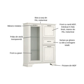Vitrina TIFFANY II, PAL laminat/MDF/metal, grej, 94×37×125.3 cm