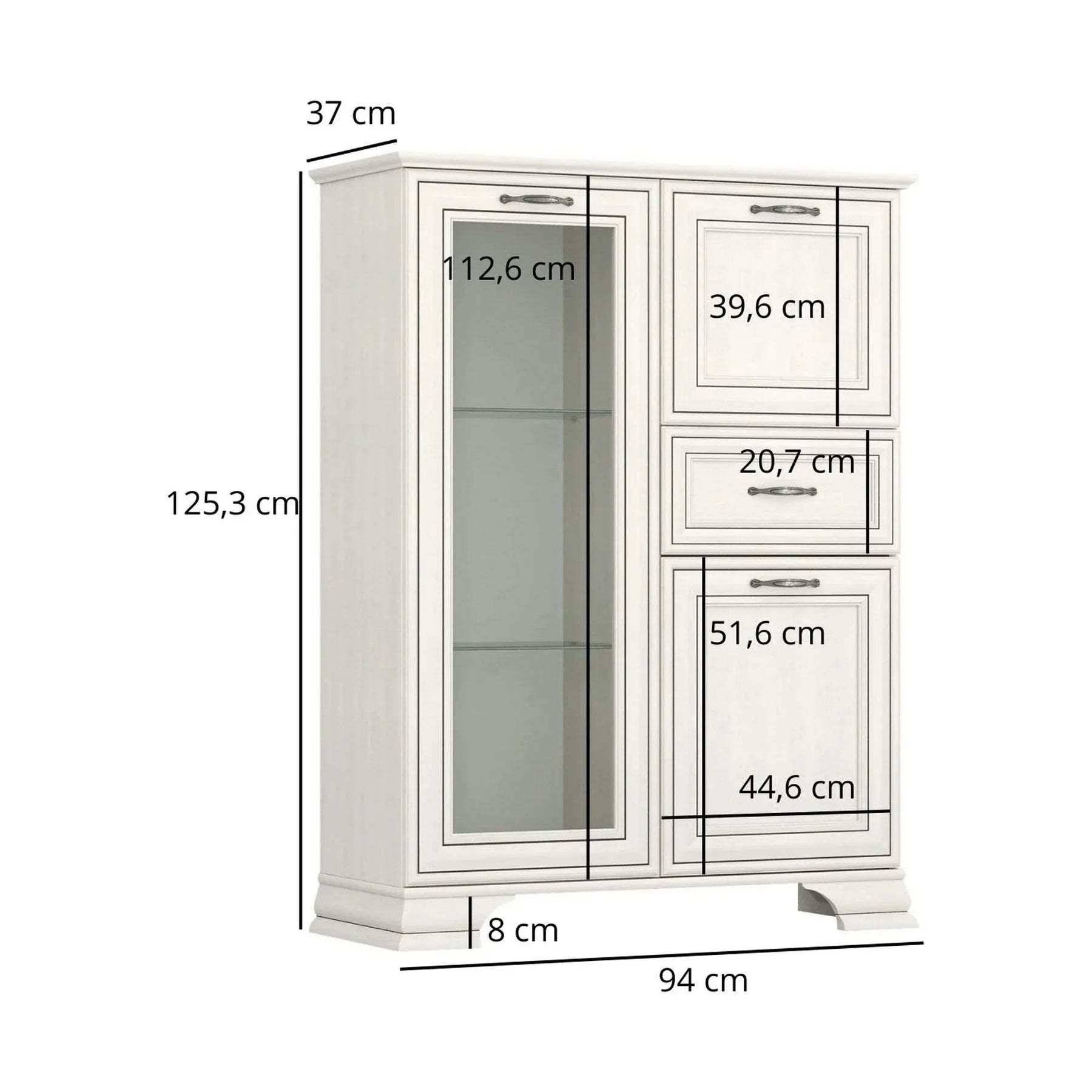 Vitrina TIFFANY II, PAL laminat/MDF/metal, grej, 94×37×125.3 cm