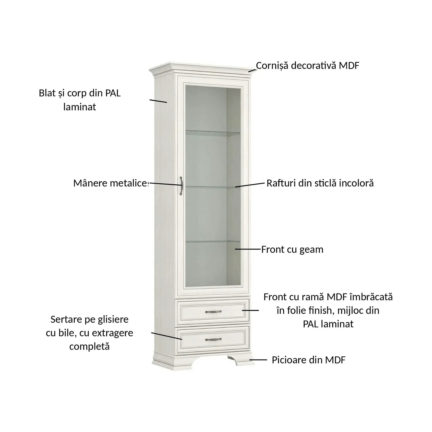Vitrina TIFFANY II, PAL laminat/metal/sticlă, grej, 69×40×212 cm