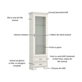 Vitrina TIFFANY II, PAL laminat/metal/sticlă, grej, 69×40×212 cm