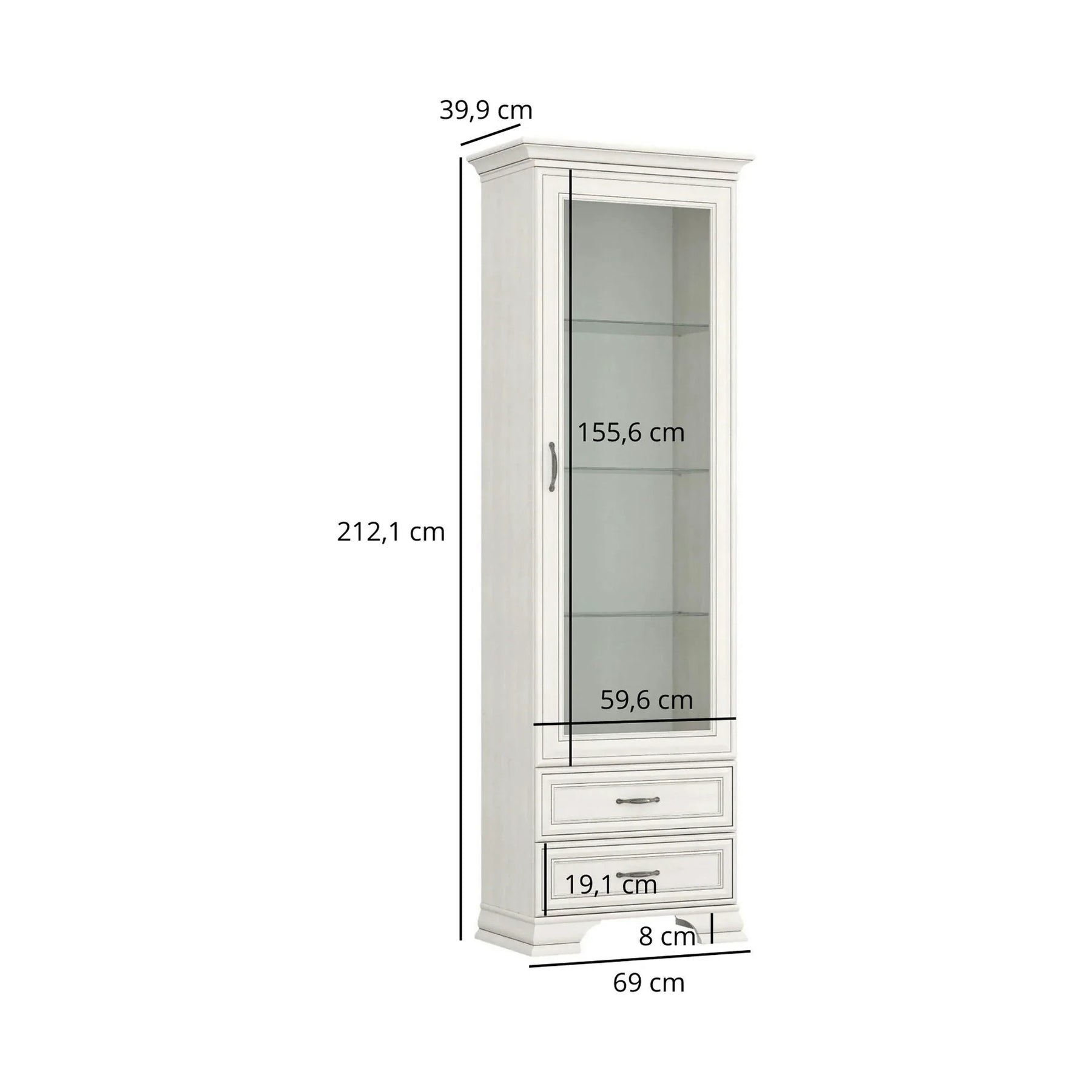 Vitrina TIFFANY II, PAL laminat/metal/sticlă, grej, 69×40×212 cm