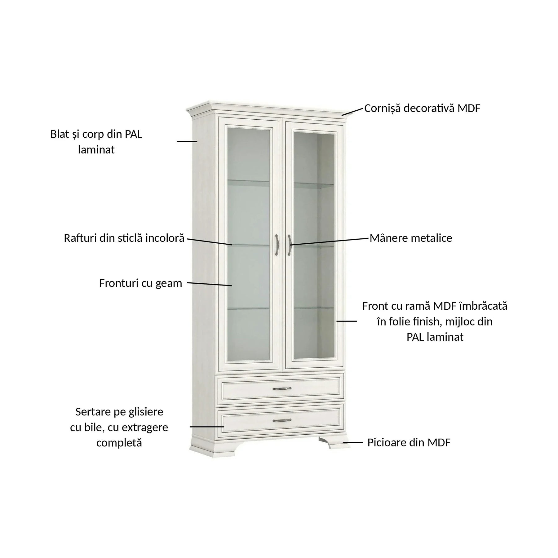 Vitrina TIFFANY II, PAL laminat/metal/sticlă, grej, 99×40×212 cm