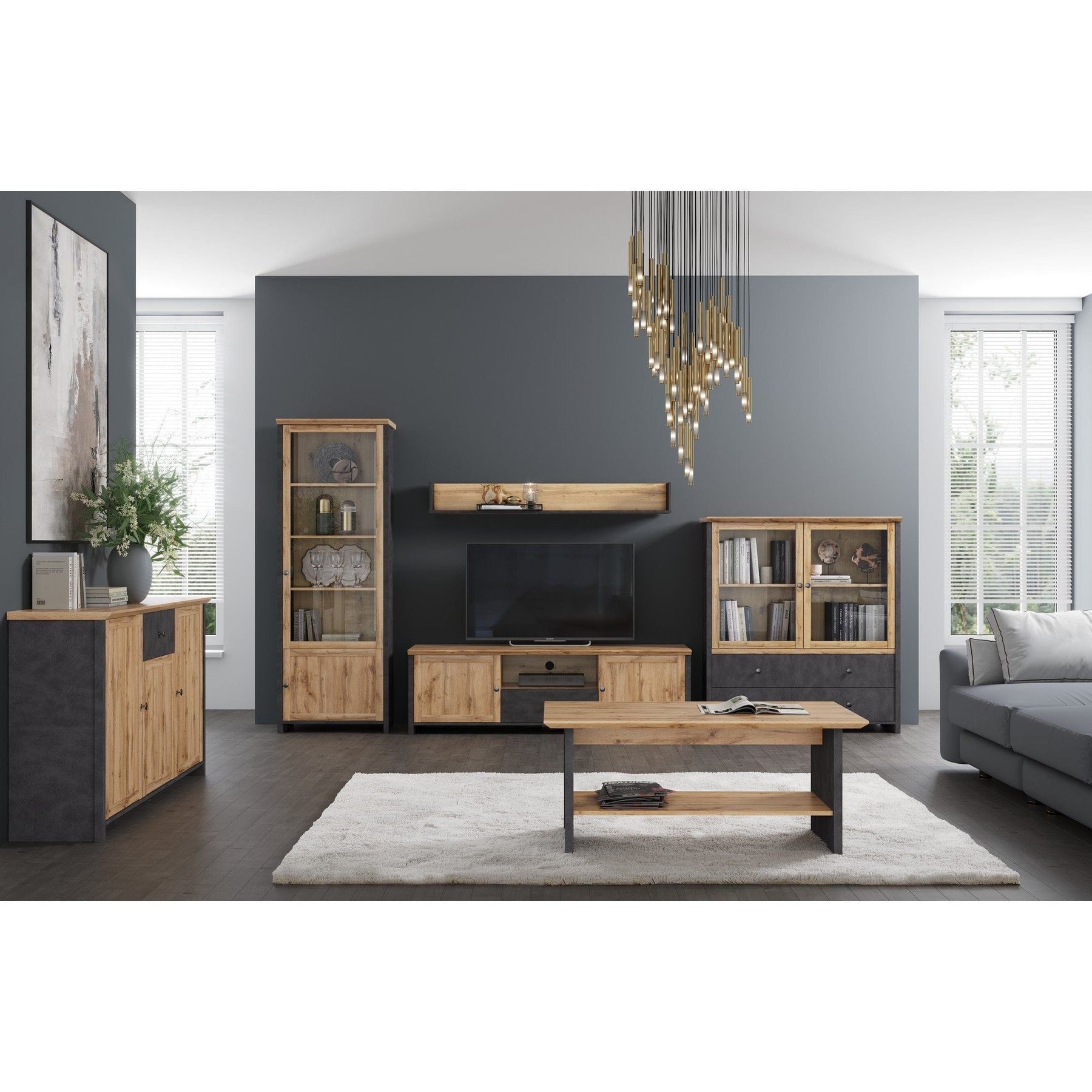 Vitrina NICOLE, stejar wotan/gri antracit, PAL laminat/sticla, 123x42x138 cm