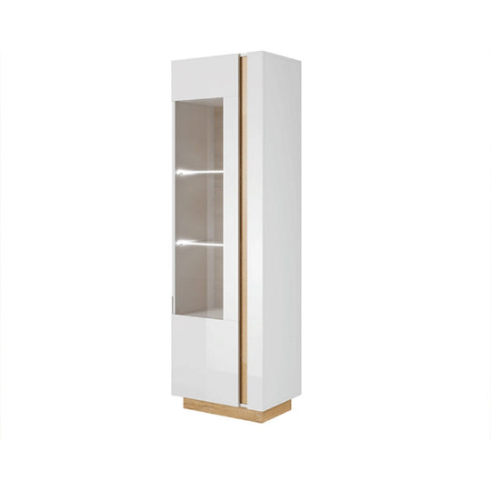 Vitrina CITY, PAL melaminat/sticla, alb/stejar grandson/alb lucios, 60x193,5x40 cm, cu iluminare LED, 1 usa