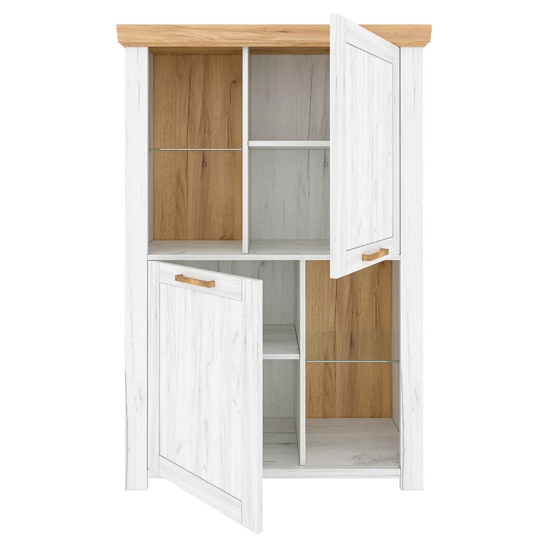 Vitrina SUDBURY C, PAL laminat stejar craft auriu / stejar craft alb, 98,1x41,8x145,7 cm, 2 usi si 2 rafturi deschise