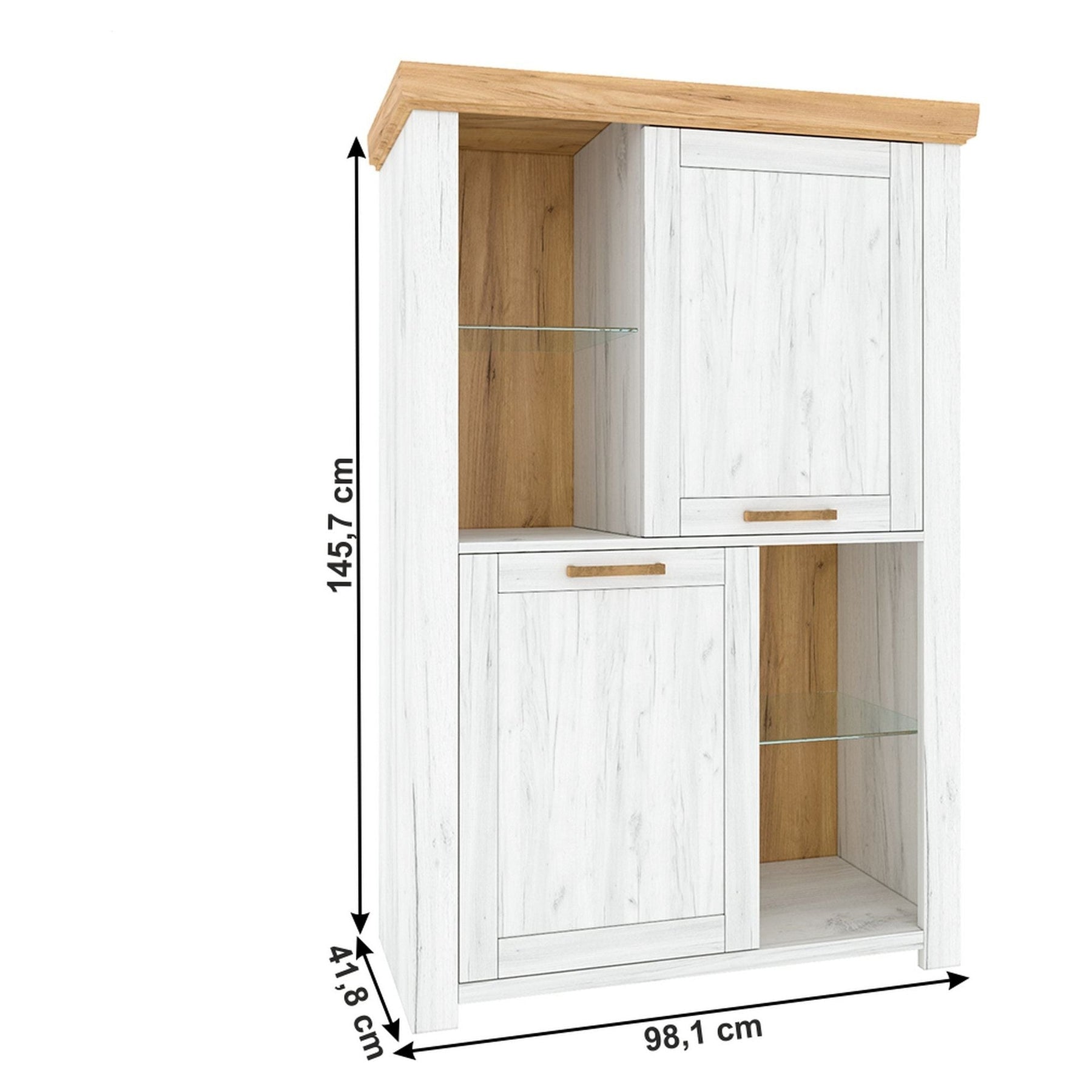 Vitrina SUDBURY C, PAL laminat stejar craft auriu / stejar craft alb, 98,1x41,8x145,7 cm, 2 usi si 2 rafturi deschise