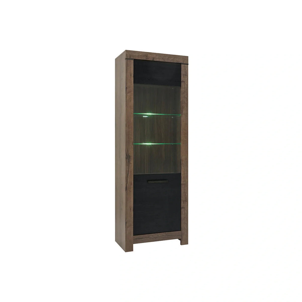 Vitrina BALIN, stejar/negru, PAL/sticla, cu iluminare LED, 68x40x197 cm