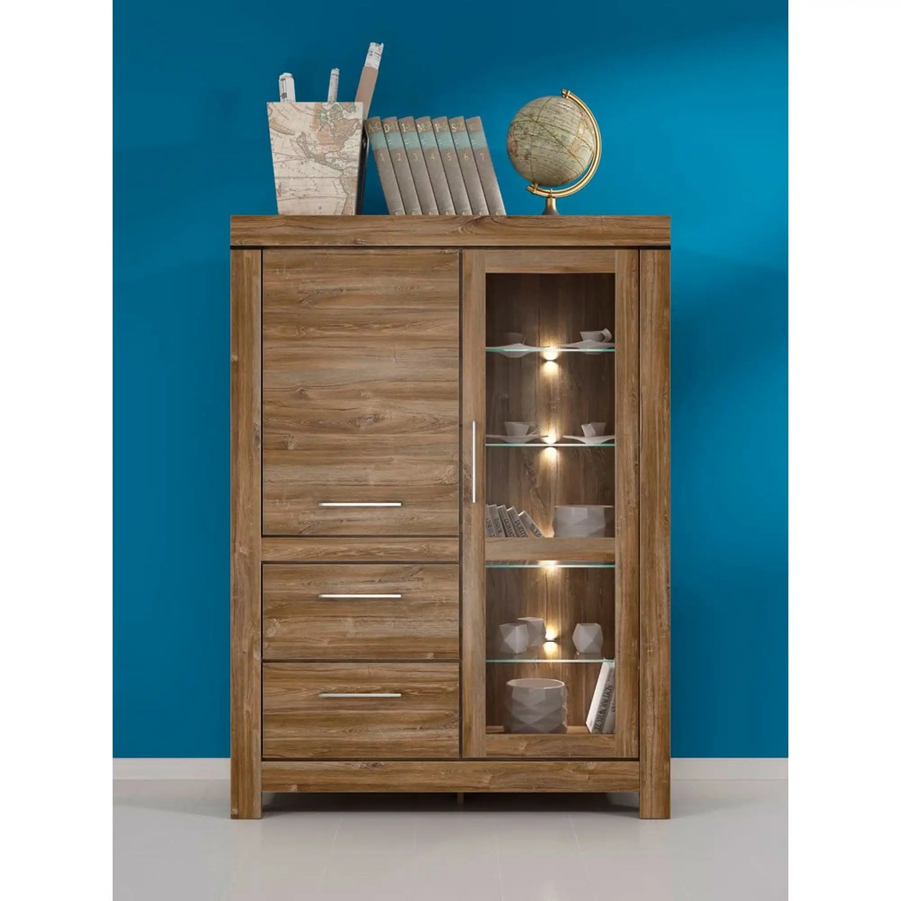 Vitrina GENT, stejar stirling, PAL, cu iluminare LED, 115x42x159 cm