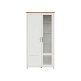 Vitrina LOKSA, pin alb/stejar grandson, PAL laminat, cu iluminare LED, 102x43x201 cm