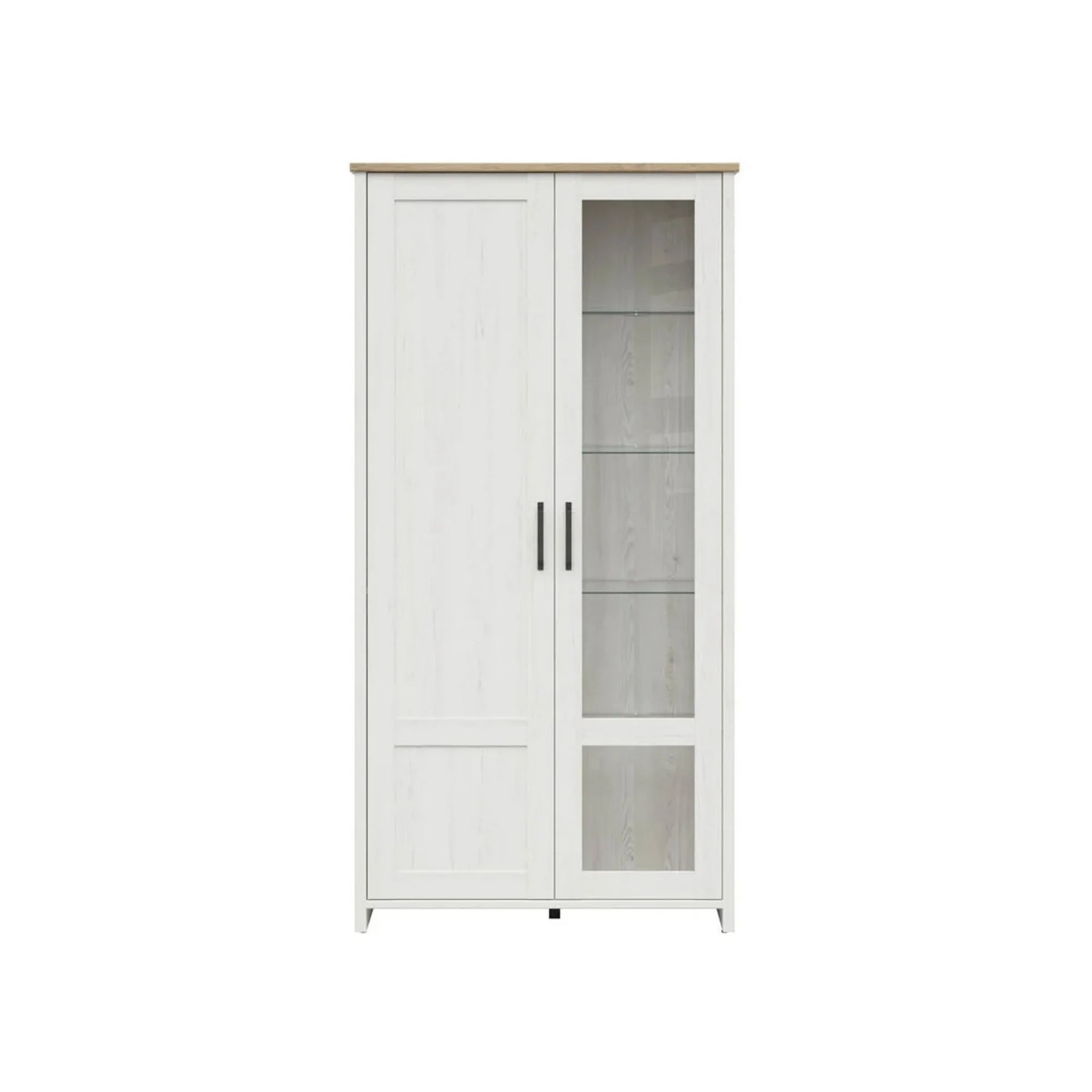 Vitrina LOKSA, pin alb/stejar grandson, PAL laminat, cu iluminare LED, 102x43x201 cm