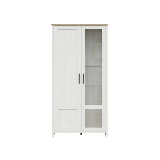 Vitrina LOKSA, pin alb/stejar grandson, PAL laminat, cu iluminare LED, 102x43x201 cm